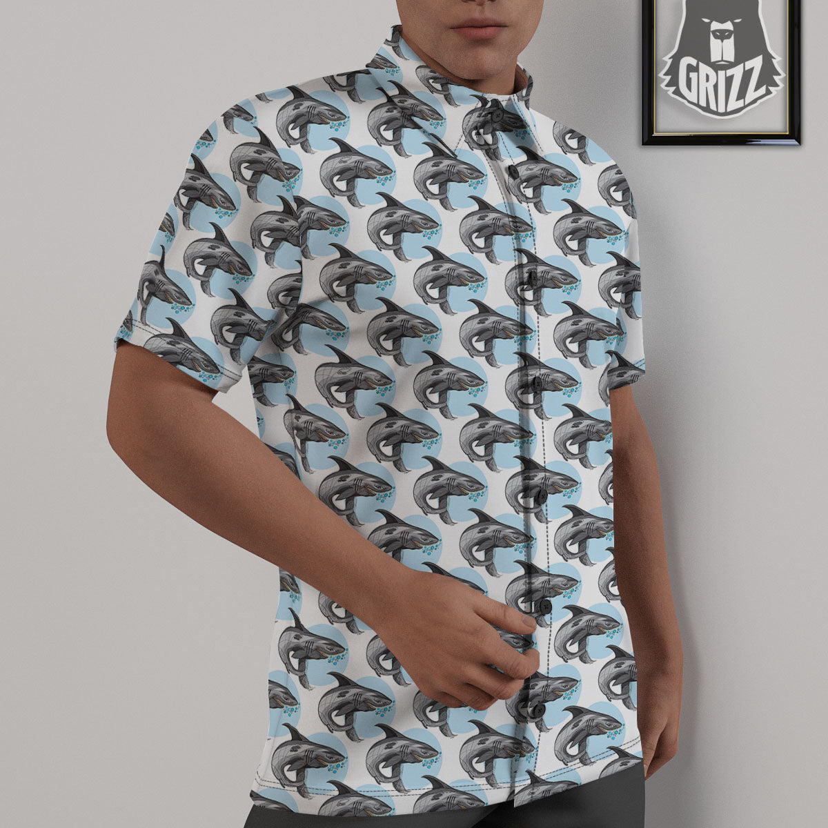 Shark White And Grey Print Pattern Untucked Shirts-grizzshop