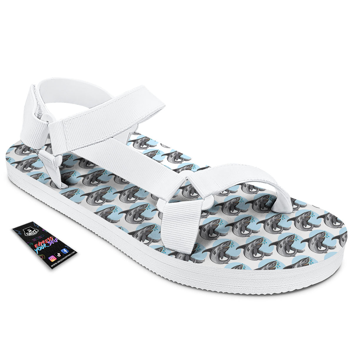 Shark White And Grey Print Pattern White Open Toe Sandals-grizzshop