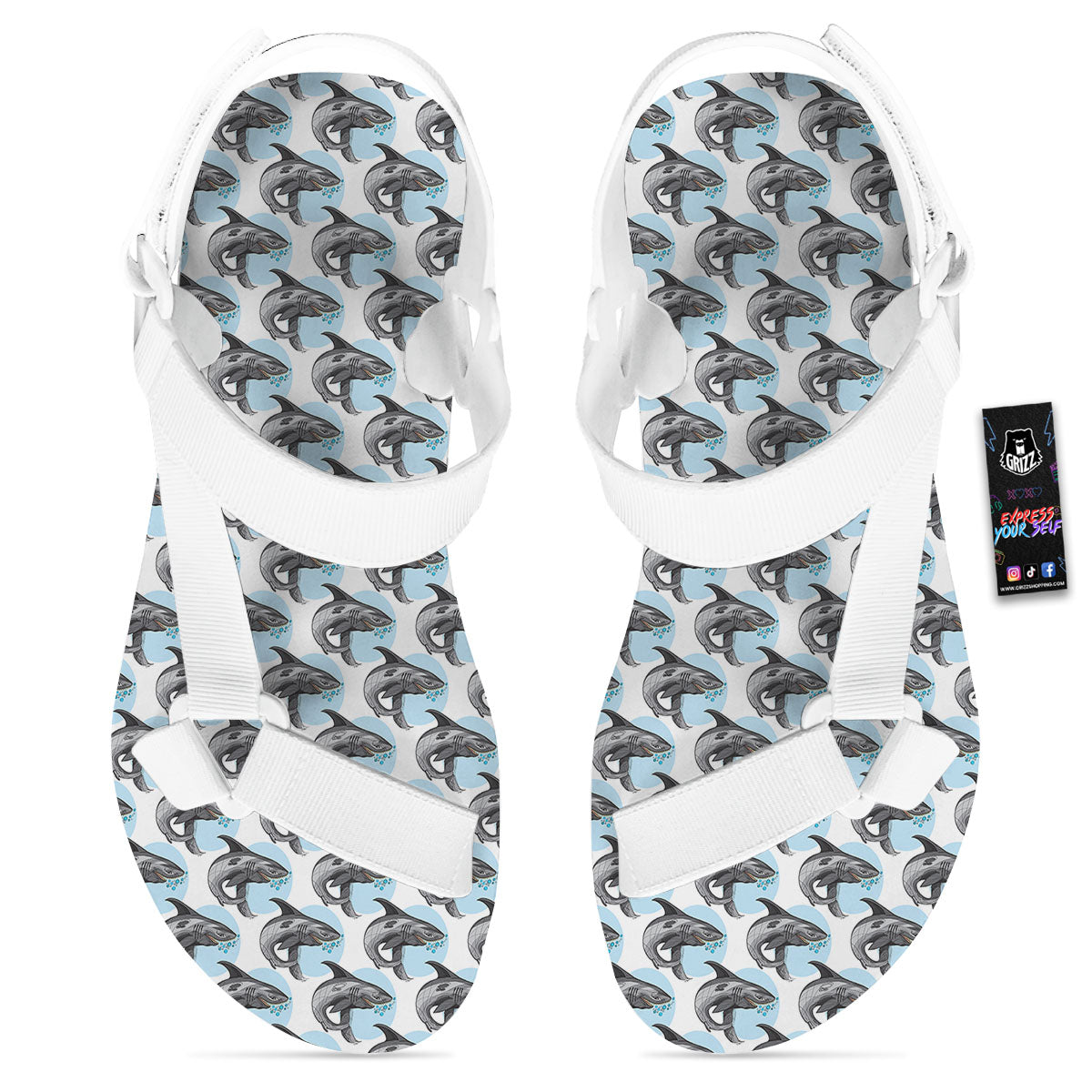 Shark White And Grey Print Pattern White Open Toe Sandals-grizzshop