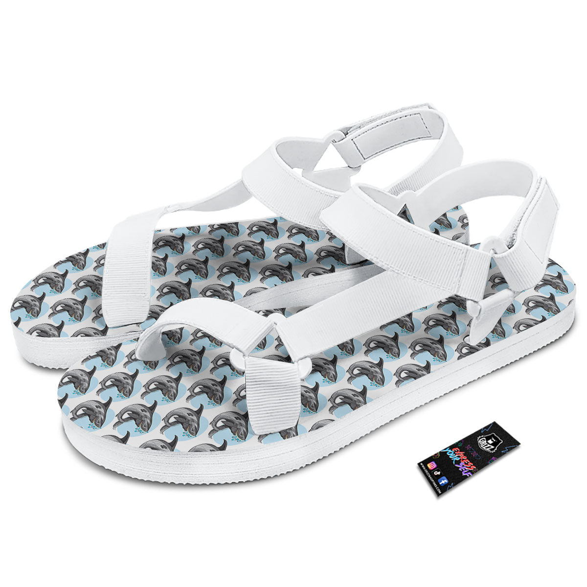 Shark White And Grey Print Pattern White Open Toe Sandals-grizzshop