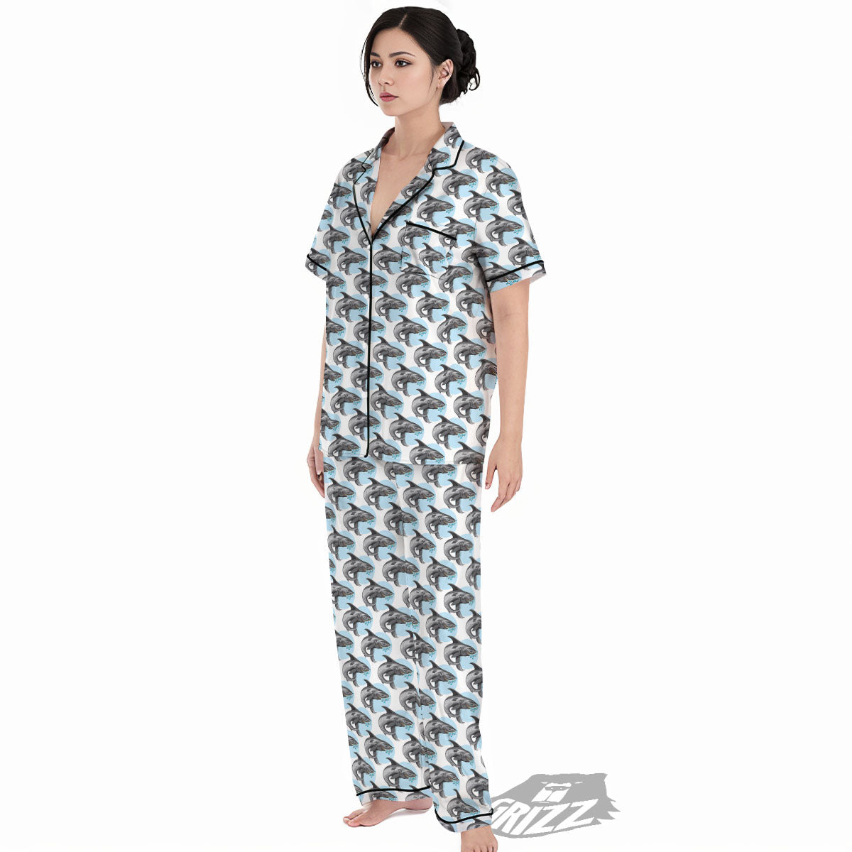 Shark White And Grey Print Pattern Women's Pajamas Set-grizzshop