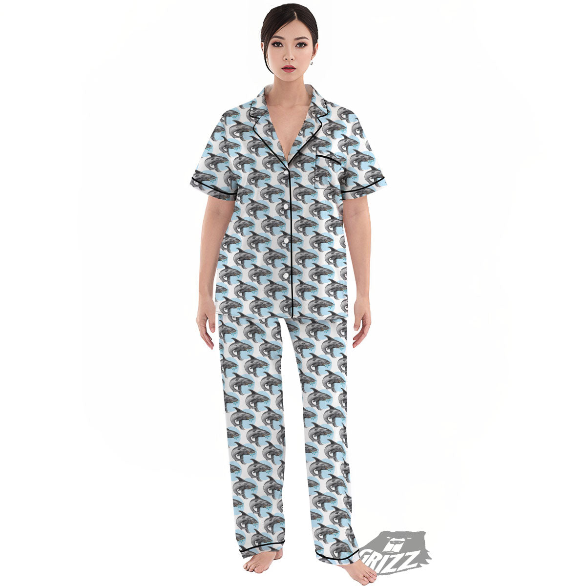Shark White And Grey Print Pattern Women's Pajamas Set-grizzshop