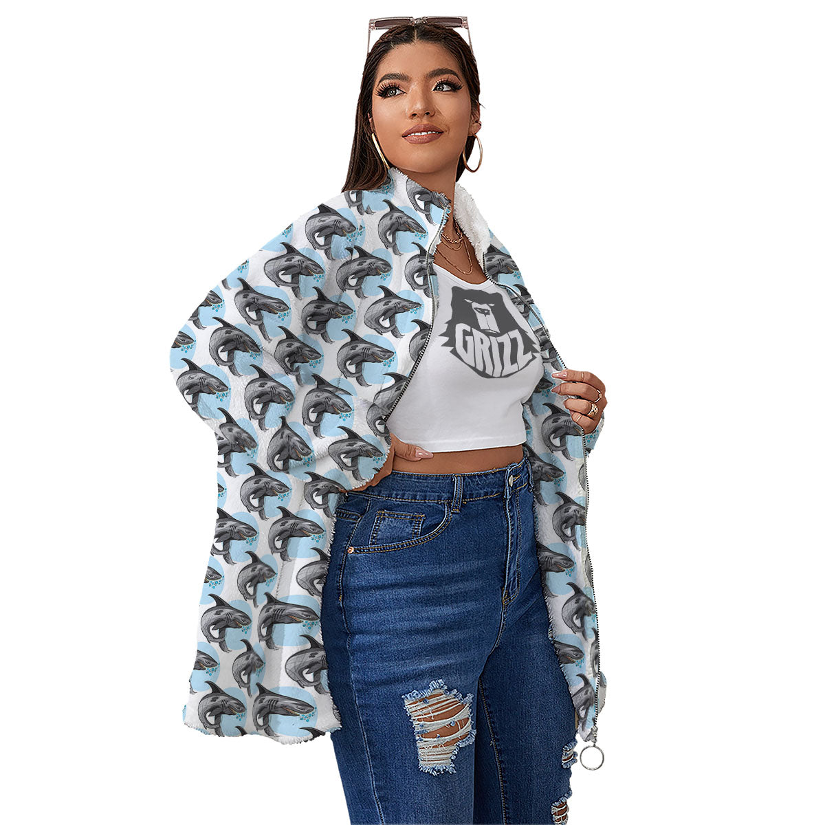 Shark White And Grey Print Pattern Women's Sherpa Jacket-grizzshop