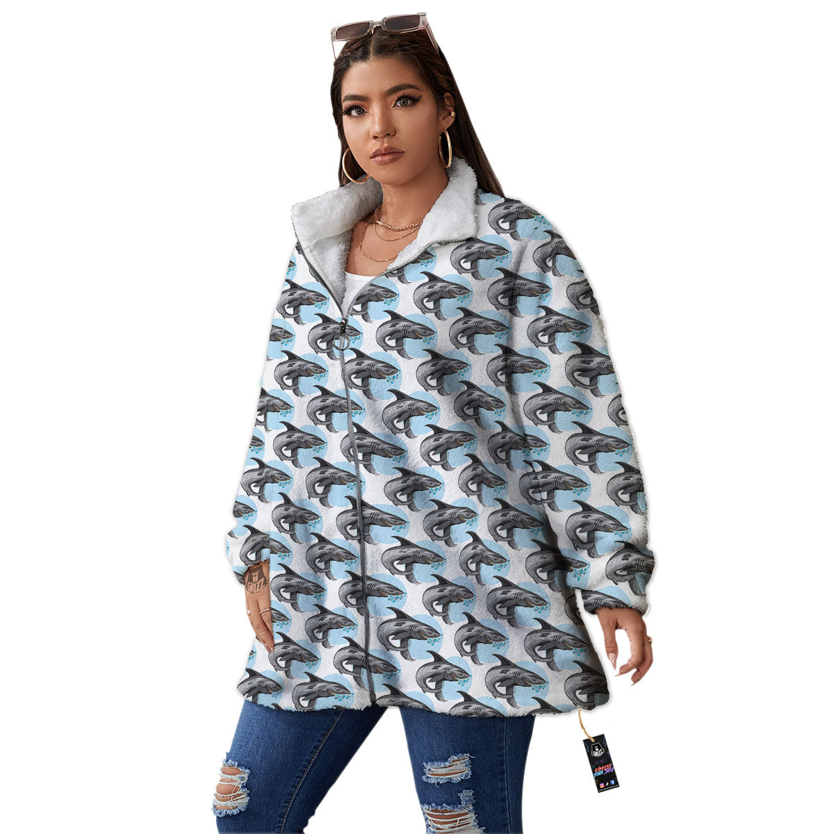 Shark White And Grey Print Pattern Women's Sherpa Jacket-grizzshop
