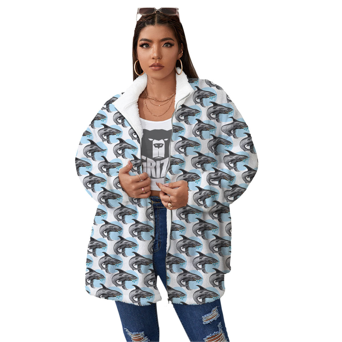 Shark White And Grey Print Pattern Women's Sherpa Jacket-grizzshop