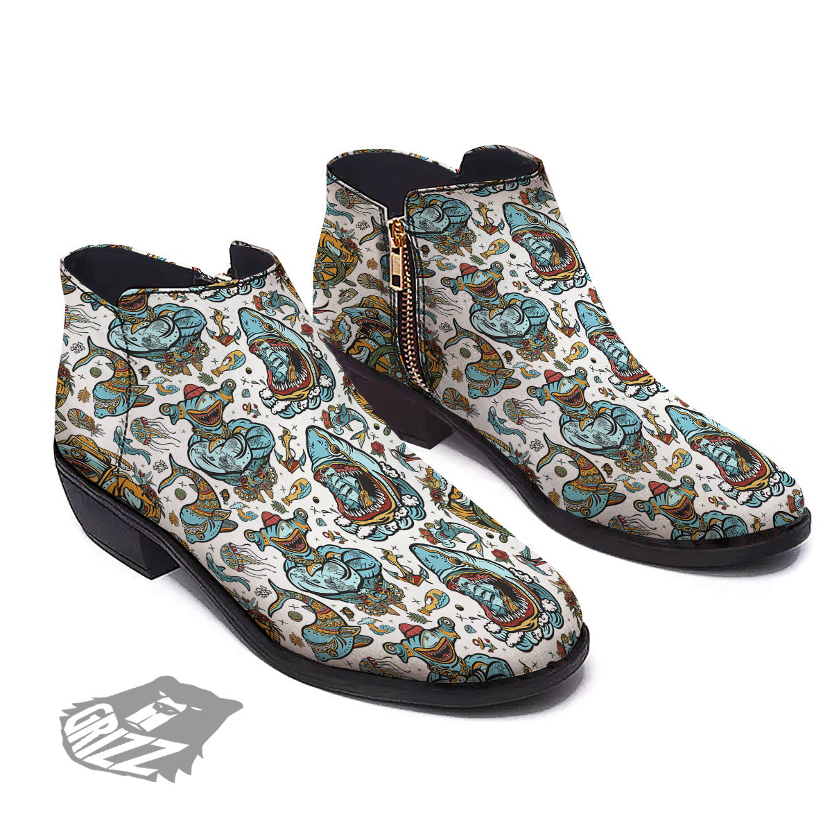 Sharks Underwater Tattoo Print Pattern Ankle Boots-grizzshop