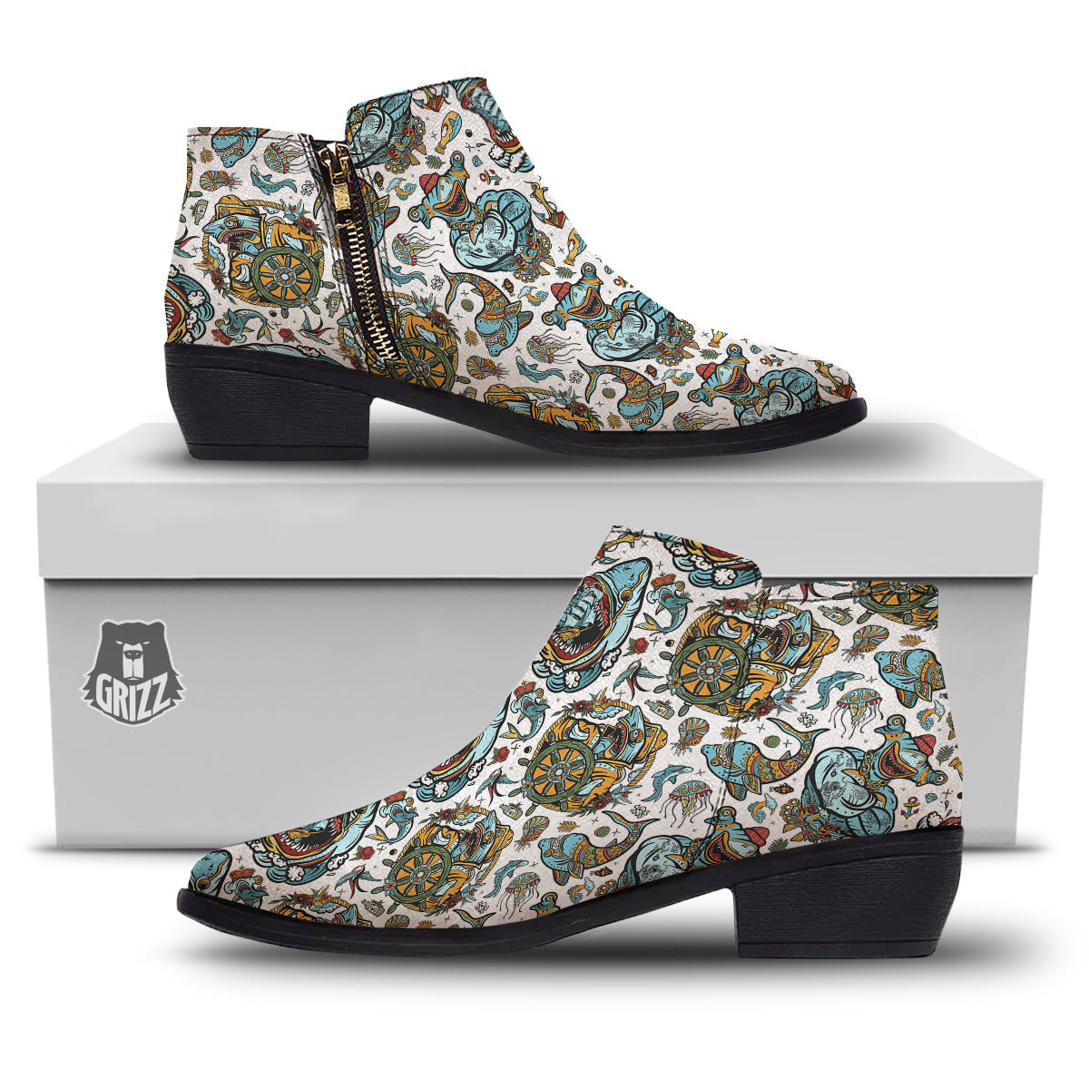 Sharks Underwater Tattoo Print Pattern Ankle Boots-grizzshop