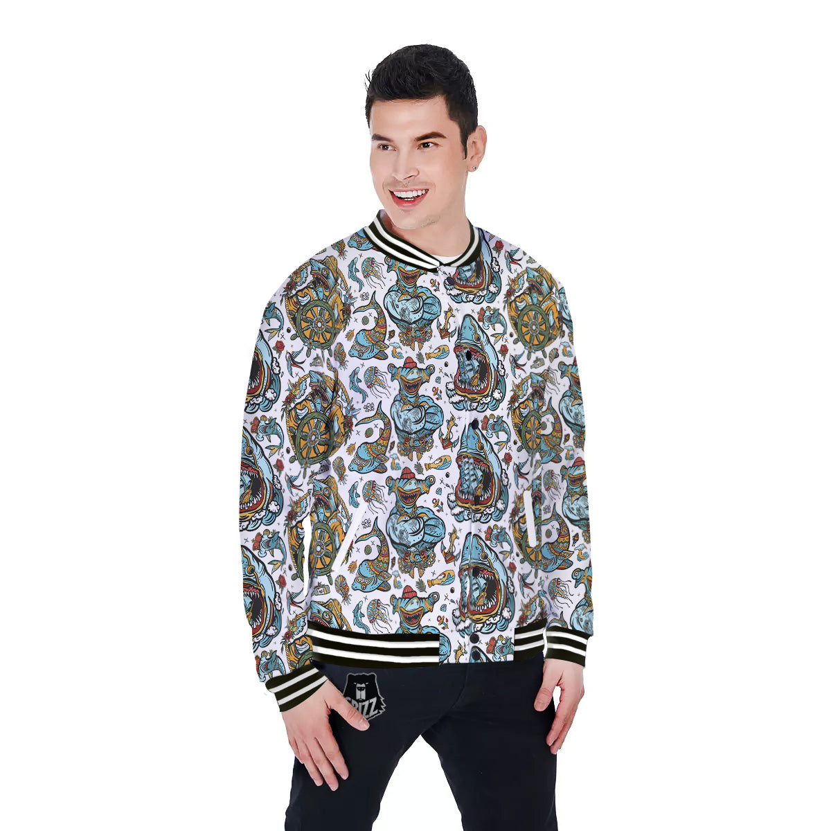 Sharks Underwater Tattoo Print Pattern Baseball Jacket-grizzshop