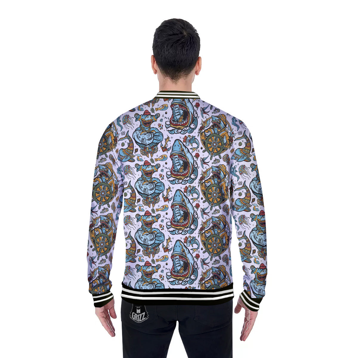 Sharks Underwater Tattoo Print Pattern Baseball Jacket-grizzshop