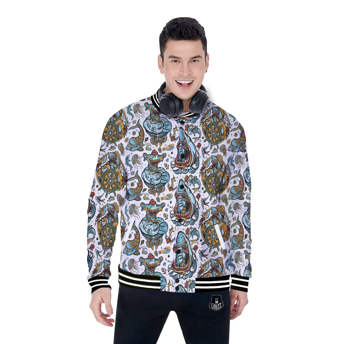 Sharks Underwater Tattoo Print Pattern Baseball Jacket-grizzshop