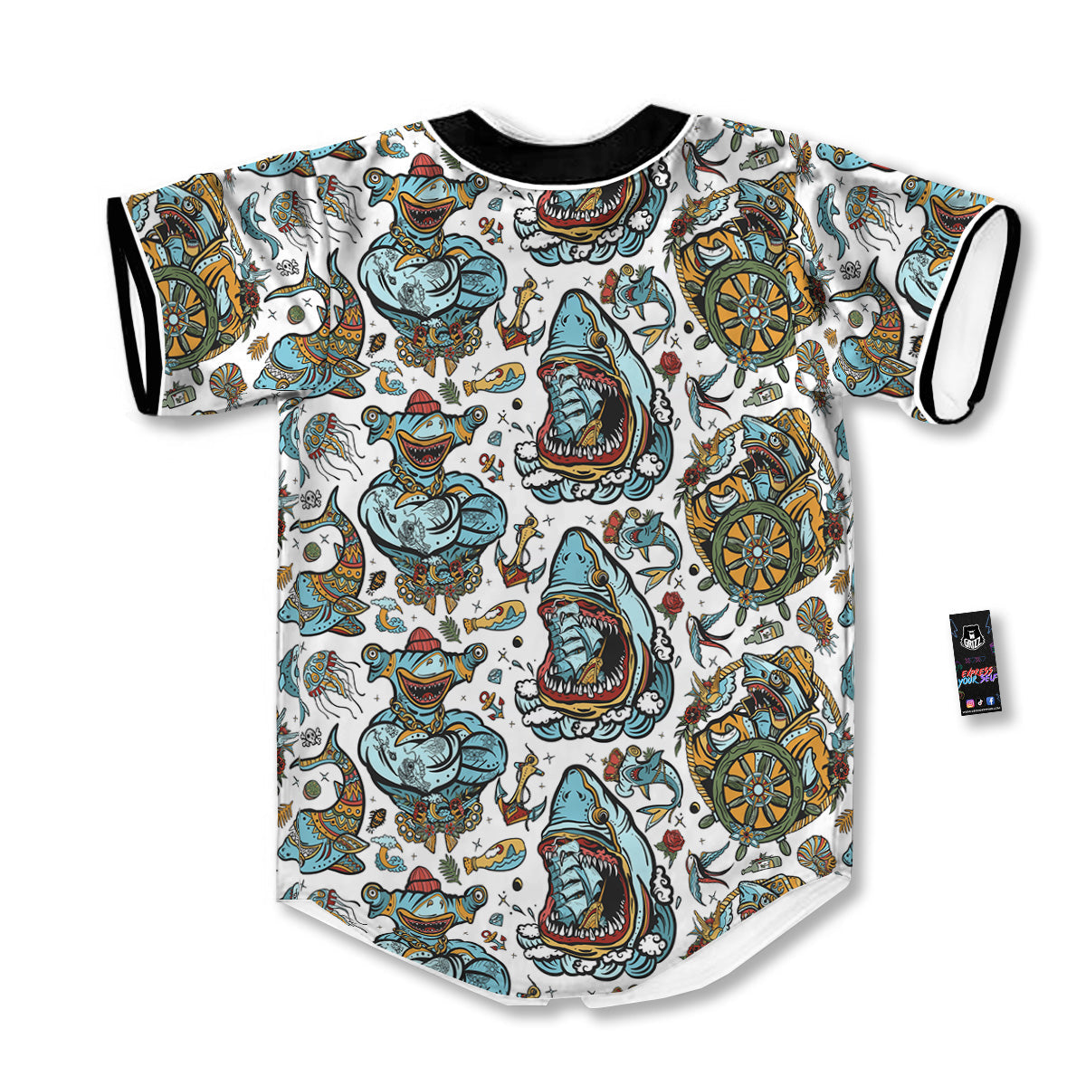 Sharks Underwater Tattoo Print Pattern Baseball Jersey-grizzshop