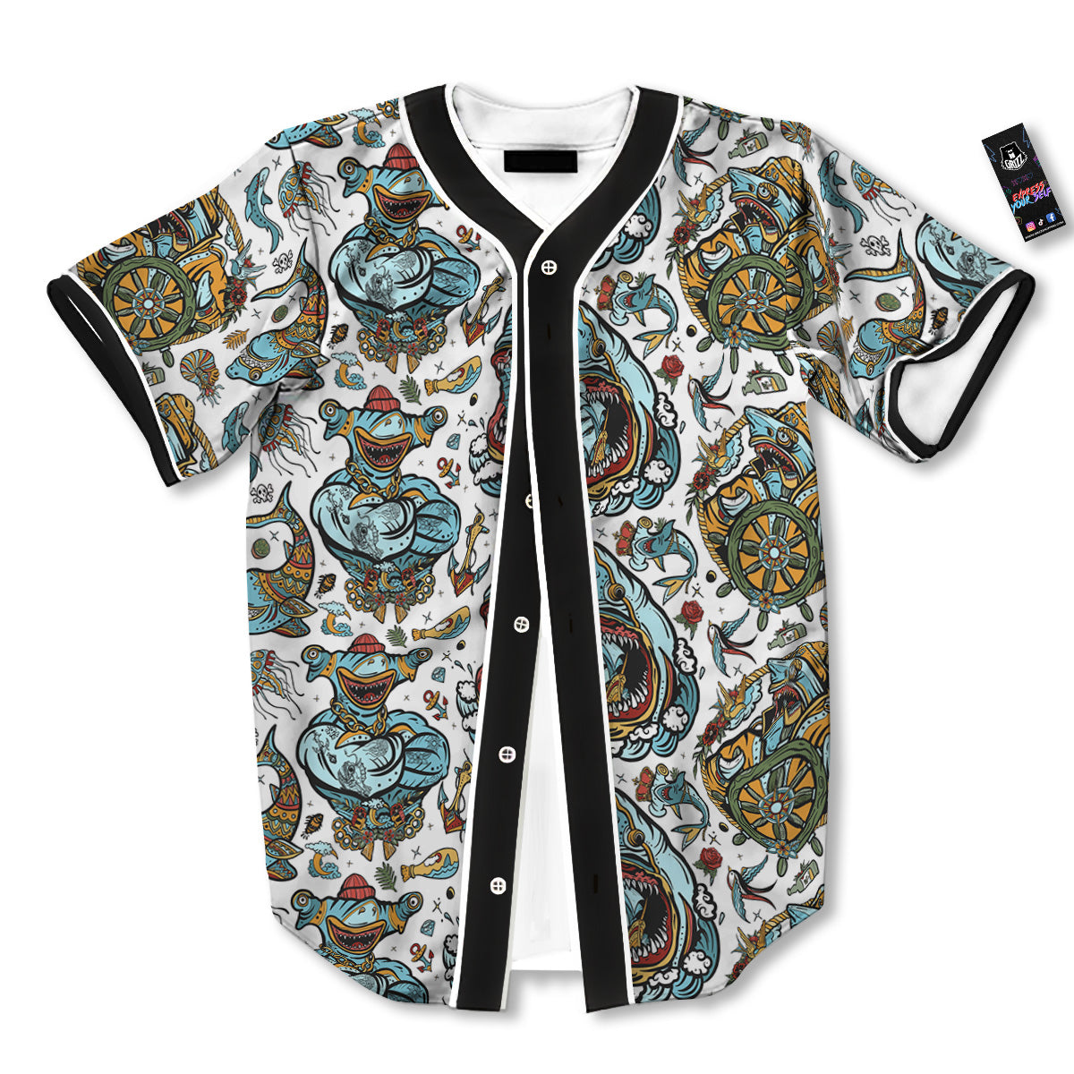 Sharks Underwater Tattoo Print Pattern Baseball Jersey-grizzshop