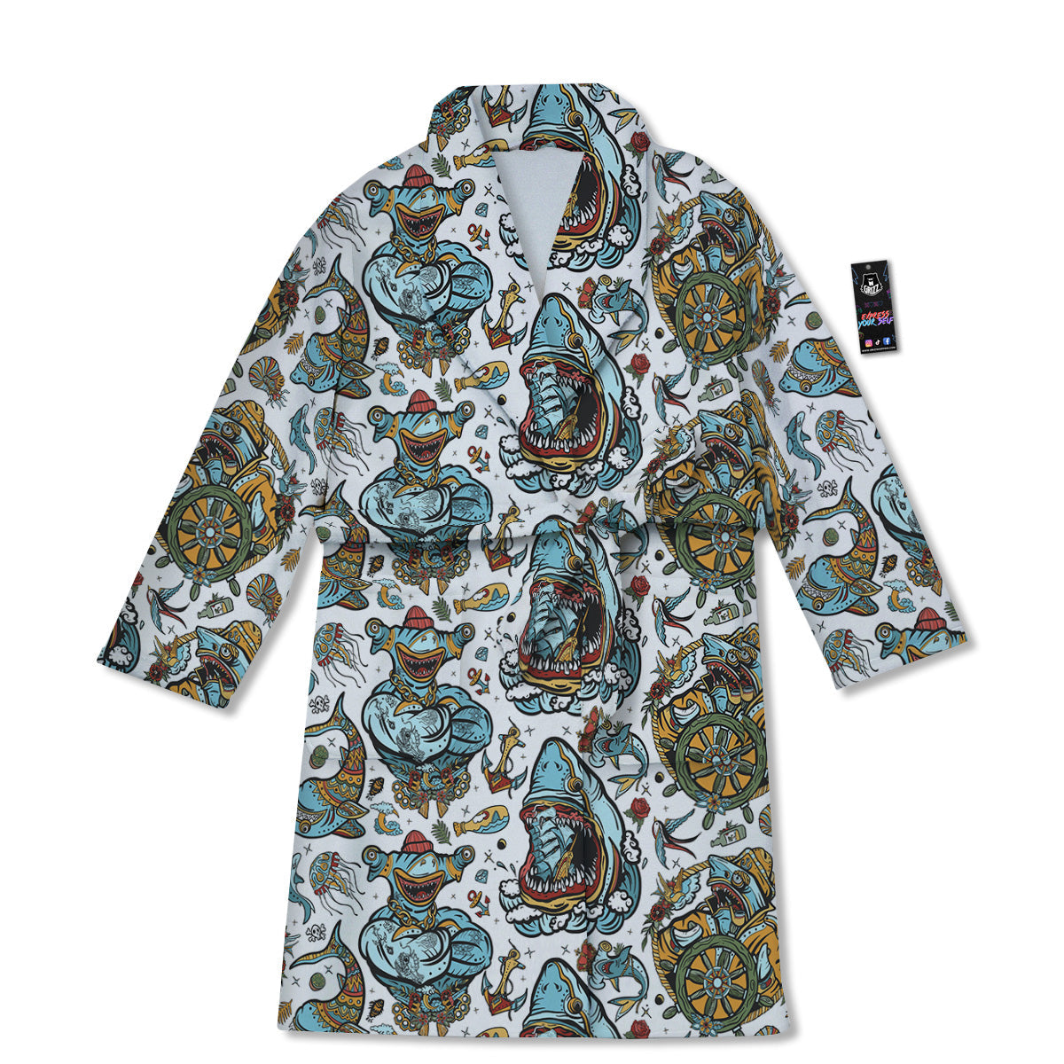 Sharks Underwater Tattoo Print Pattern Bathrobe-grizzshop