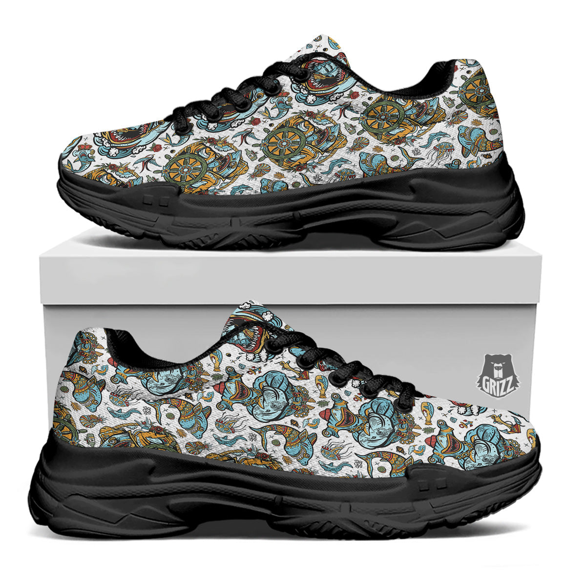 Sharks Underwater Tattoo Print Pattern Black Chunky Shoes-grizzshop
