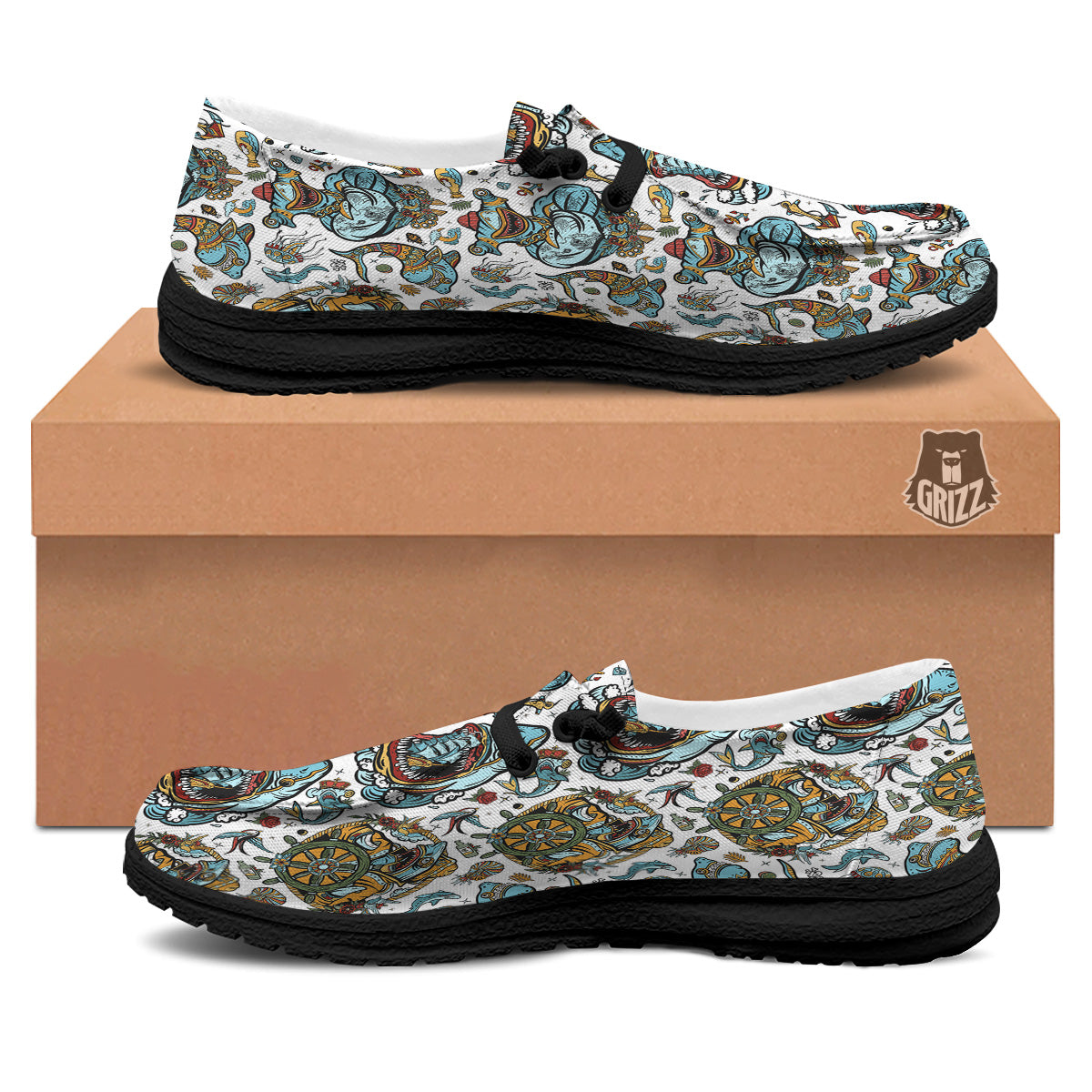 Sharks Underwater Tattoo Print Pattern Black Loafers-grizzshop