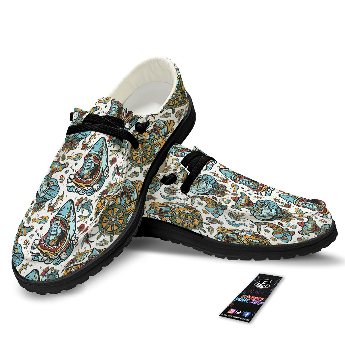Sharks Underwater Tattoo Print Pattern Black Loafers-grizzshop