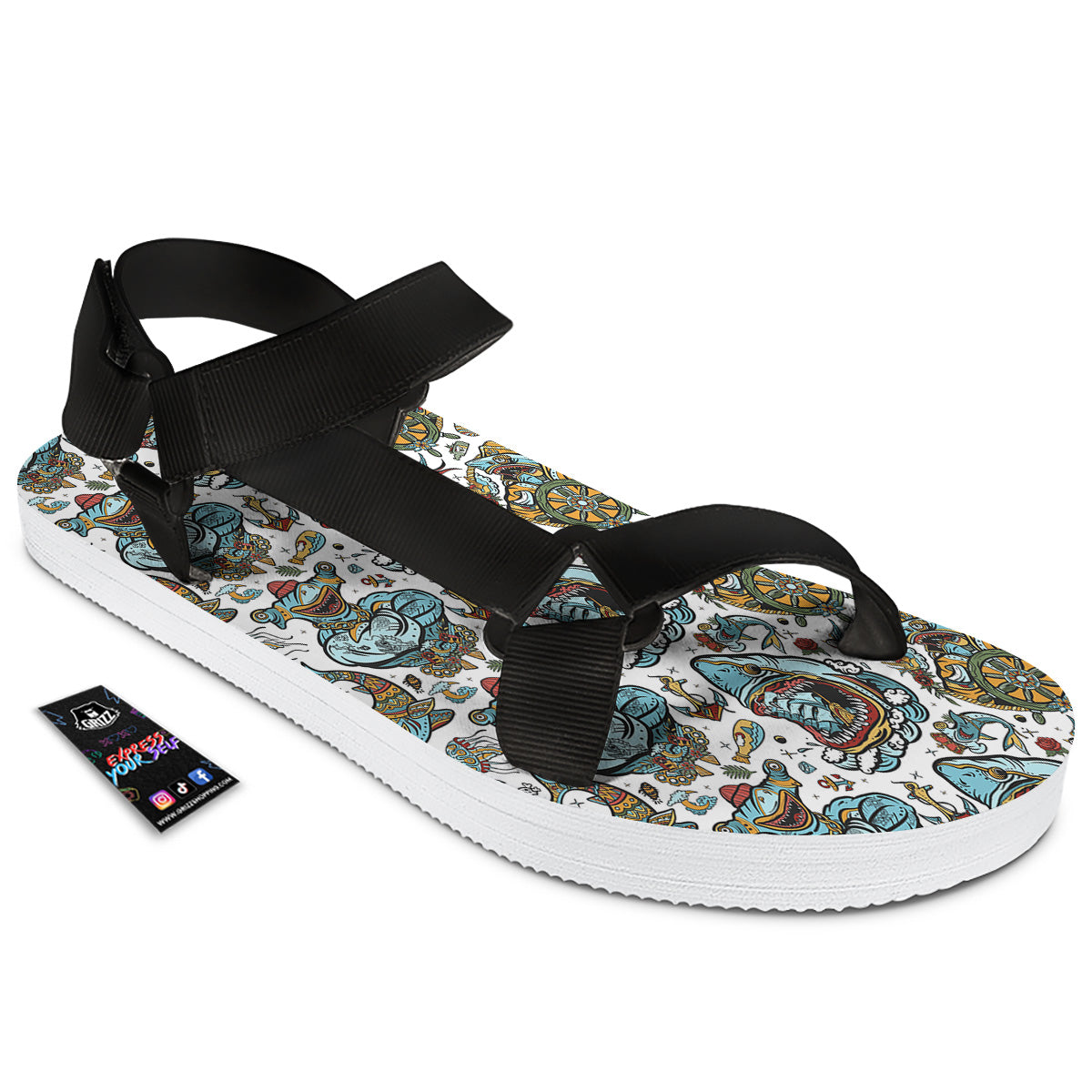 Sharks Underwater Tattoo Print Pattern Black Open Toe Sandals-grizzshop