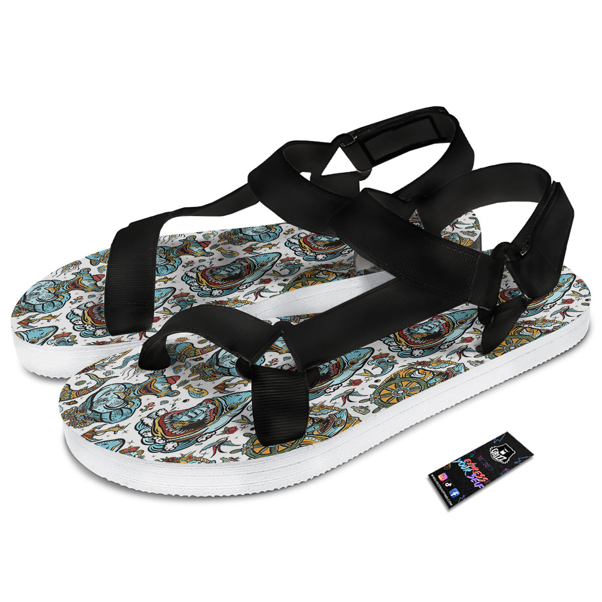 Sharks Underwater Tattoo Print Pattern Black Open Toe Sandals-grizzshop