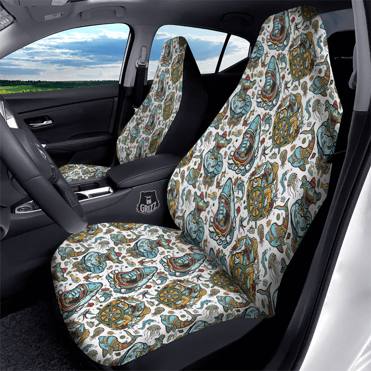 Sharks Underwater Tattoo Print Pattern Car Seat Covers-grizzshop