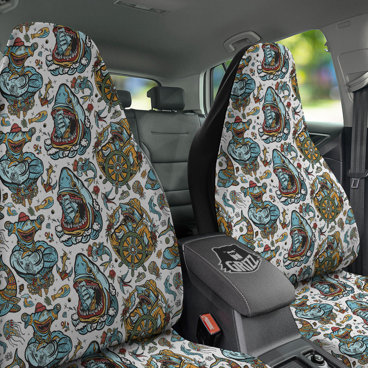 Sharks Underwater Tattoo Print Pattern Car Seat Covers-grizzshop