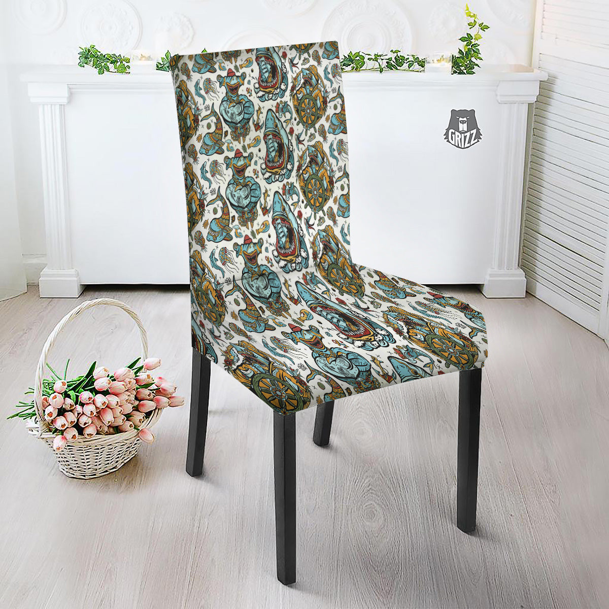 Sharks Underwater Tattoo Print Pattern Dining Chair Slipcover-grizzshop