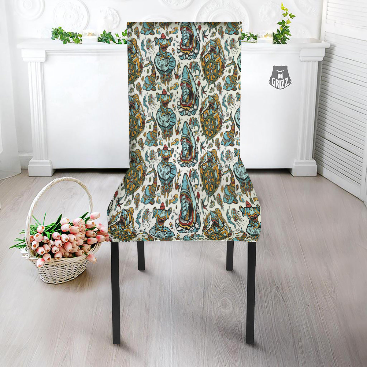 Sharks Underwater Tattoo Print Pattern Dining Chair Slipcover-grizzshop