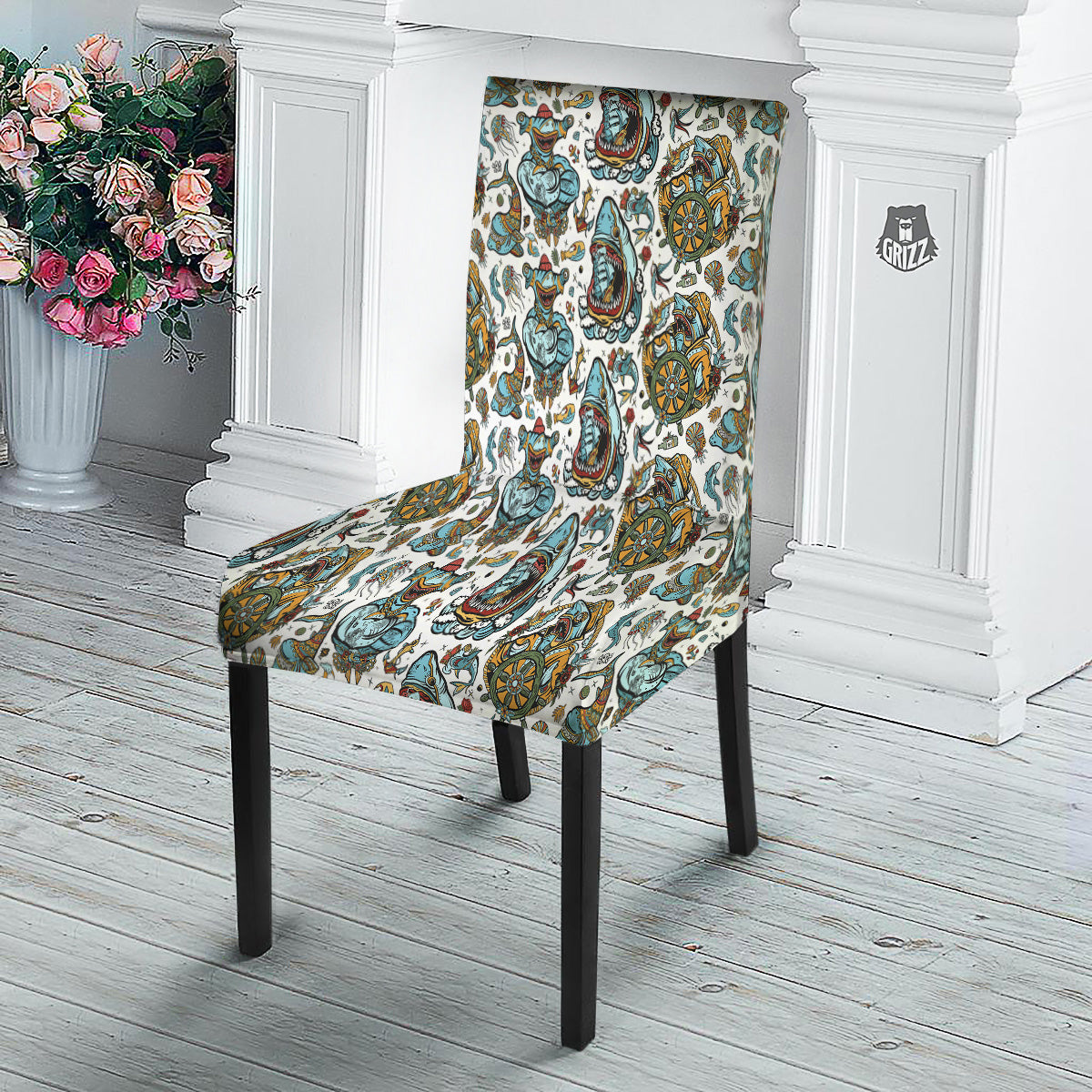 Sharks Underwater Tattoo Print Pattern Dining Chair Slipcover-grizzshop