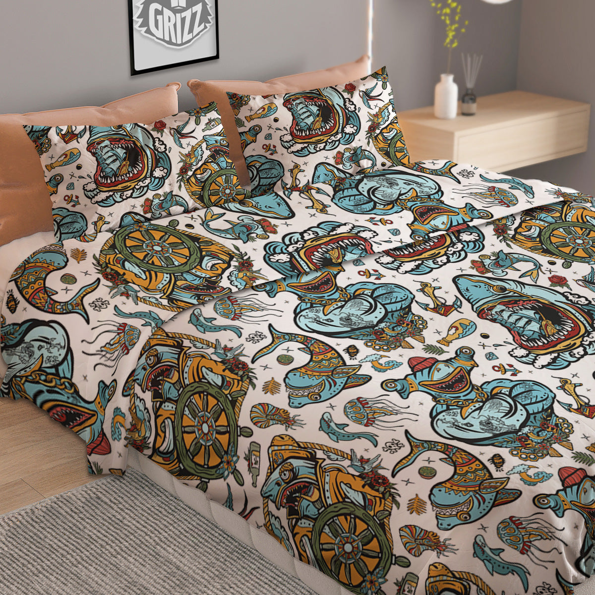Sharks Underwater Tattoo Print Pattern Duvet Cover Bedding Set
