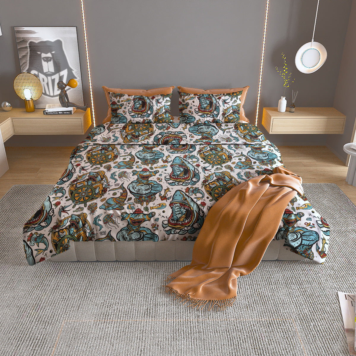 Sharks Underwater Tattoo Print Pattern Duvet Cover Bedding Set