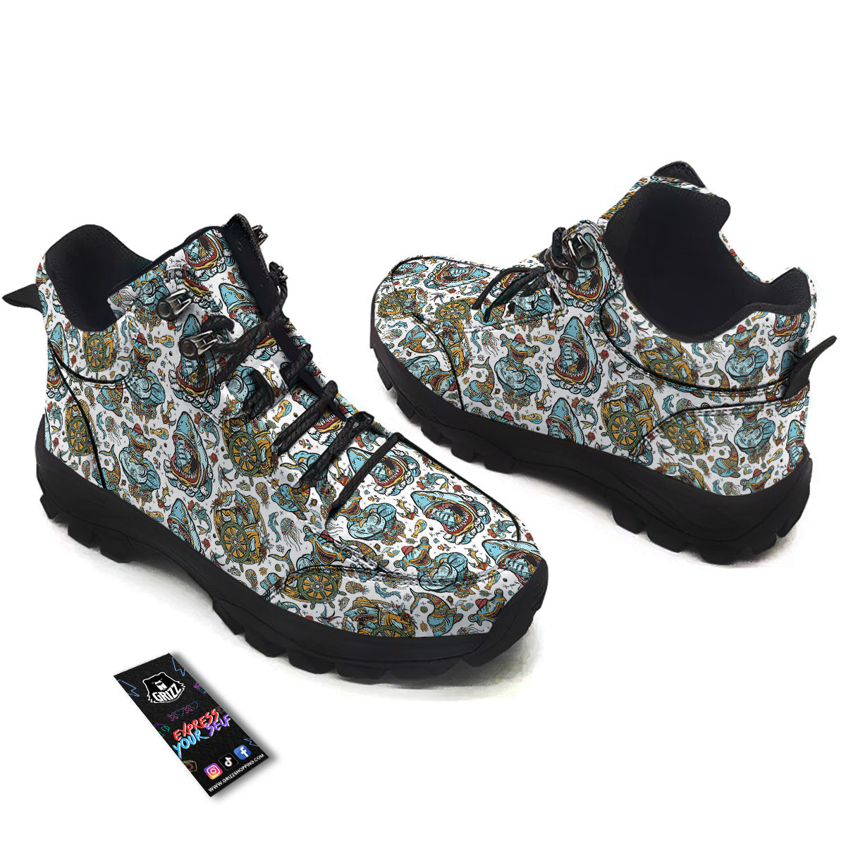 Sharks Underwater Tattoo Print Pattern Hiking Shoes-grizzshop