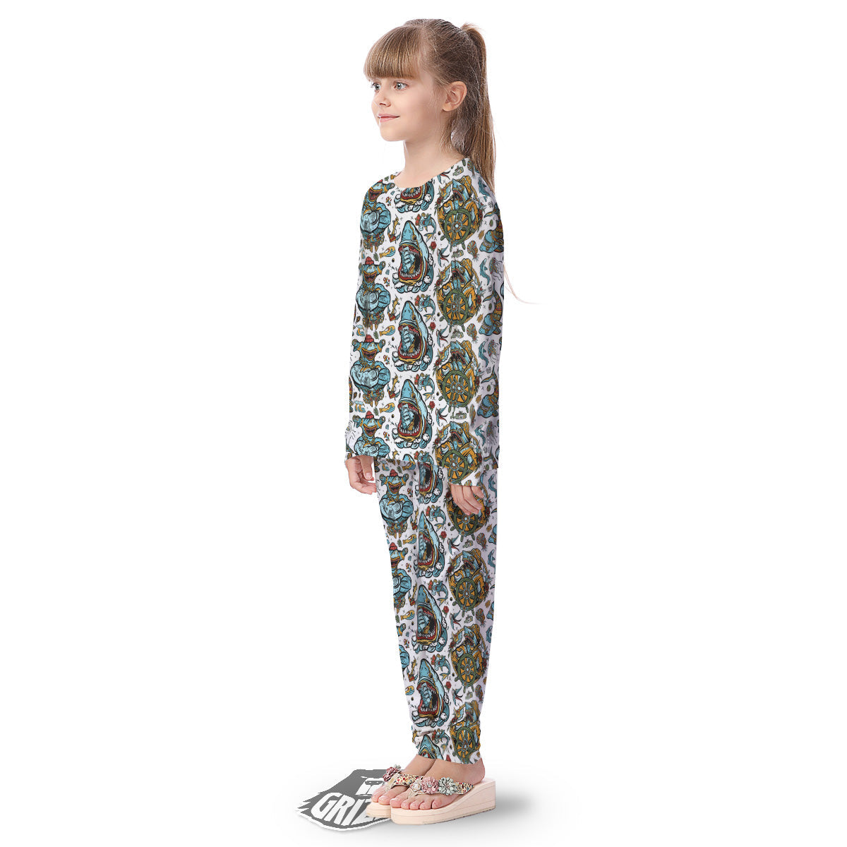 Sharks Underwater Tattoo Print Pattern Kid's Pajamas-grizzshop