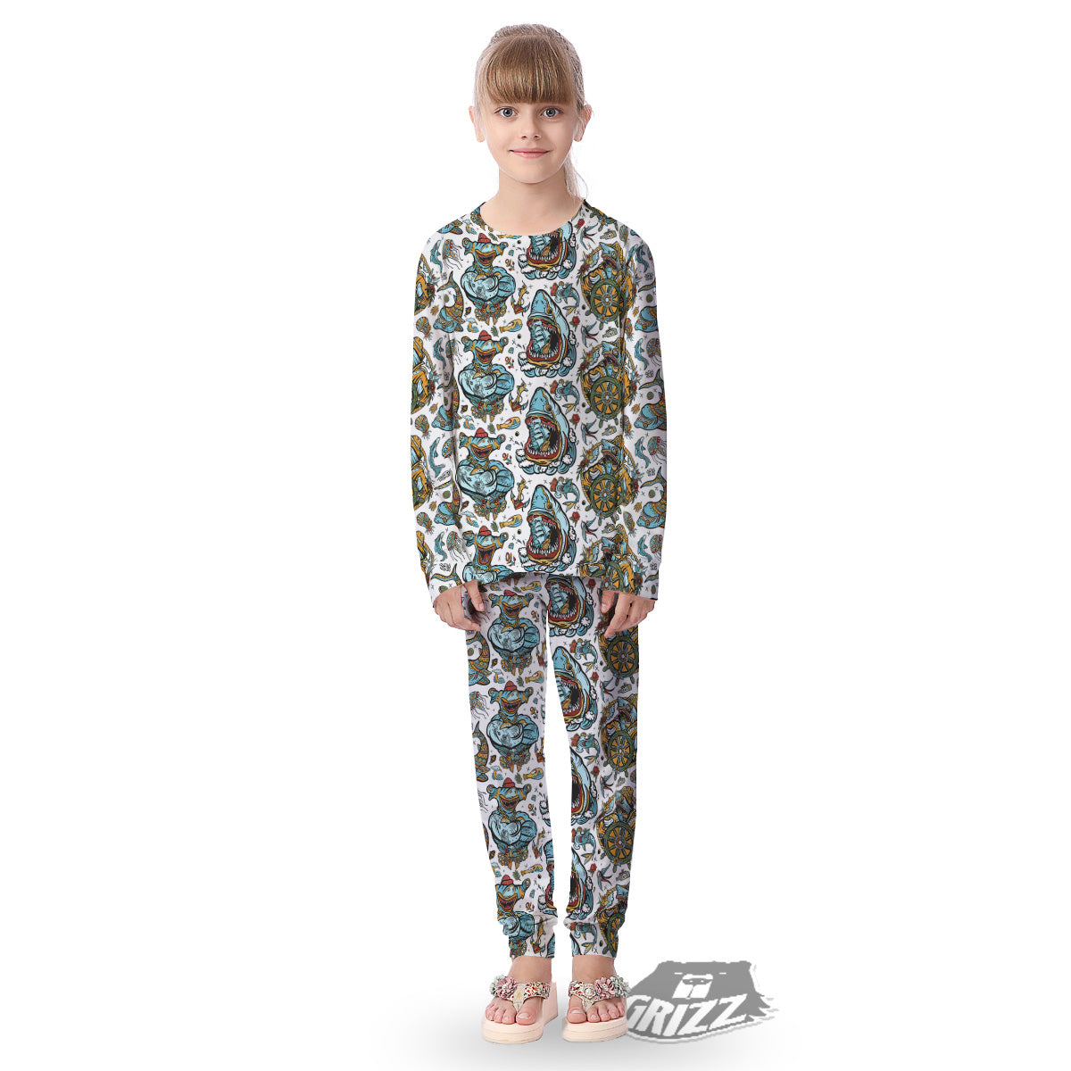 Sharks Underwater Tattoo Print Pattern Kid's Pajamas-grizzshop