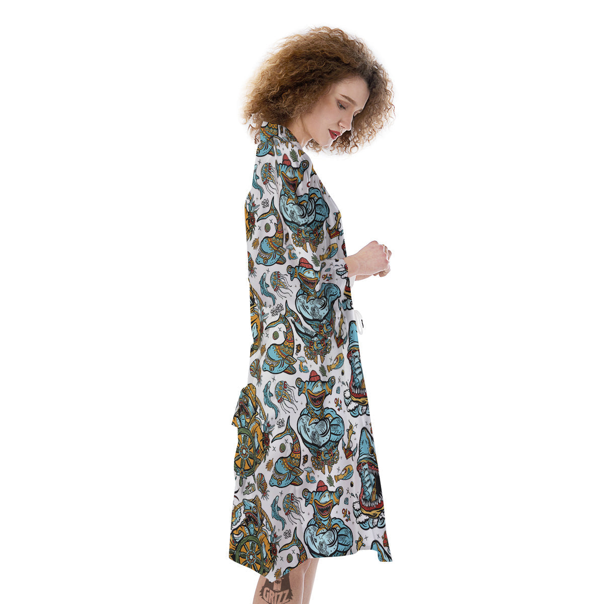 Sharks Underwater Tattoo Print Pattern Kimono-grizzshop