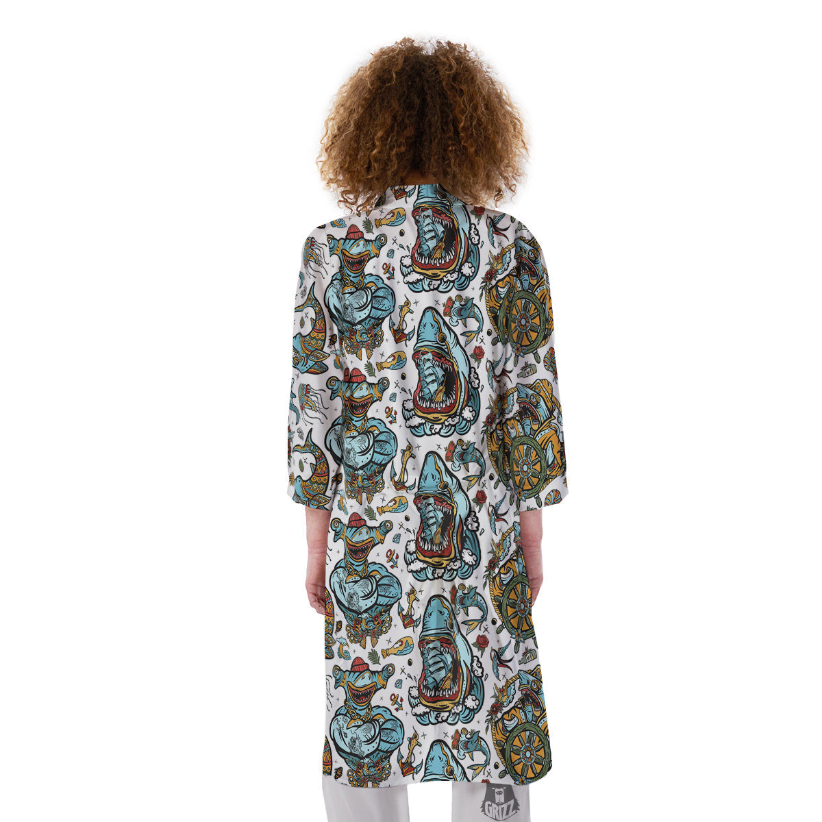Sharks Underwater Tattoo Print Pattern Kimono-grizzshop