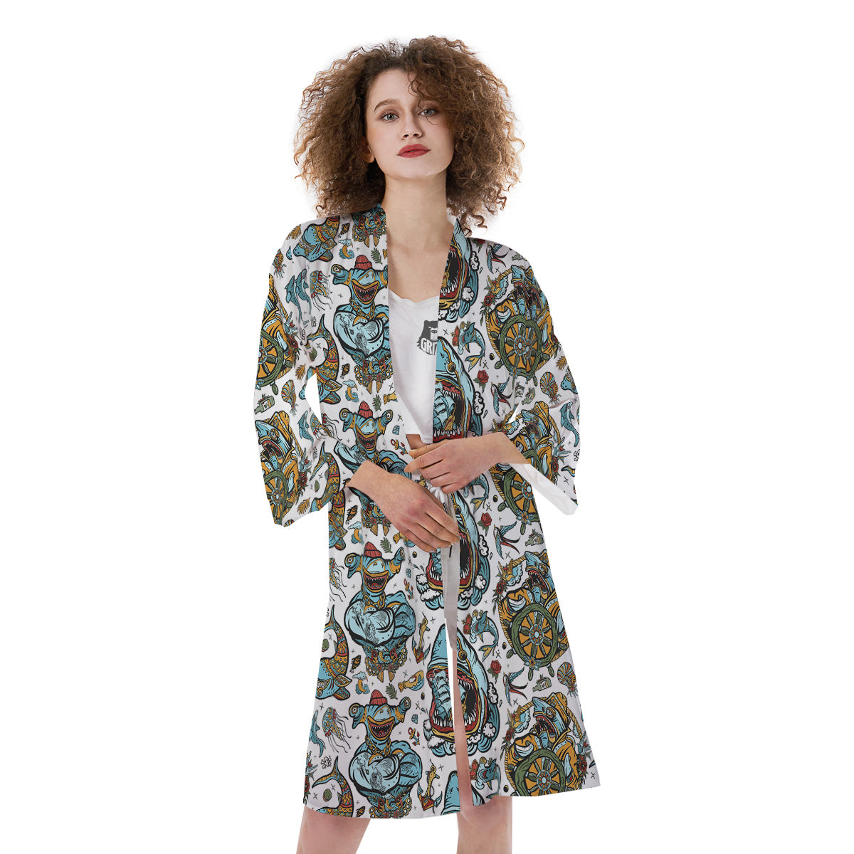 Sharks Underwater Tattoo Print Pattern Kimono-grizzshop