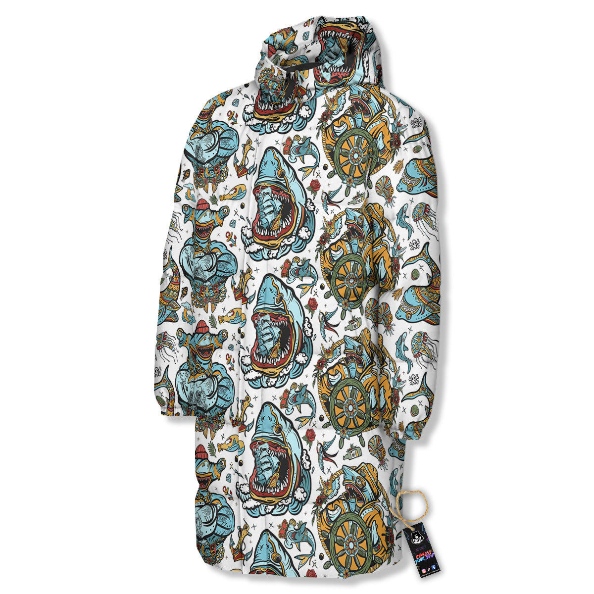 Sharks Underwater Tattoo Print Pattern Long Down Jacket-grizzshop