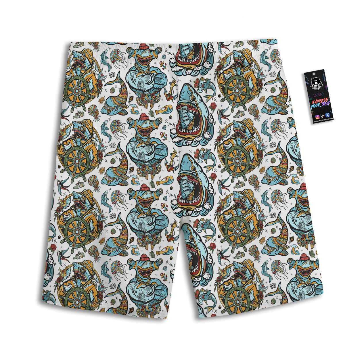 Sharks Underwater Tattoo Print Pattern Men's Athletic Shorts