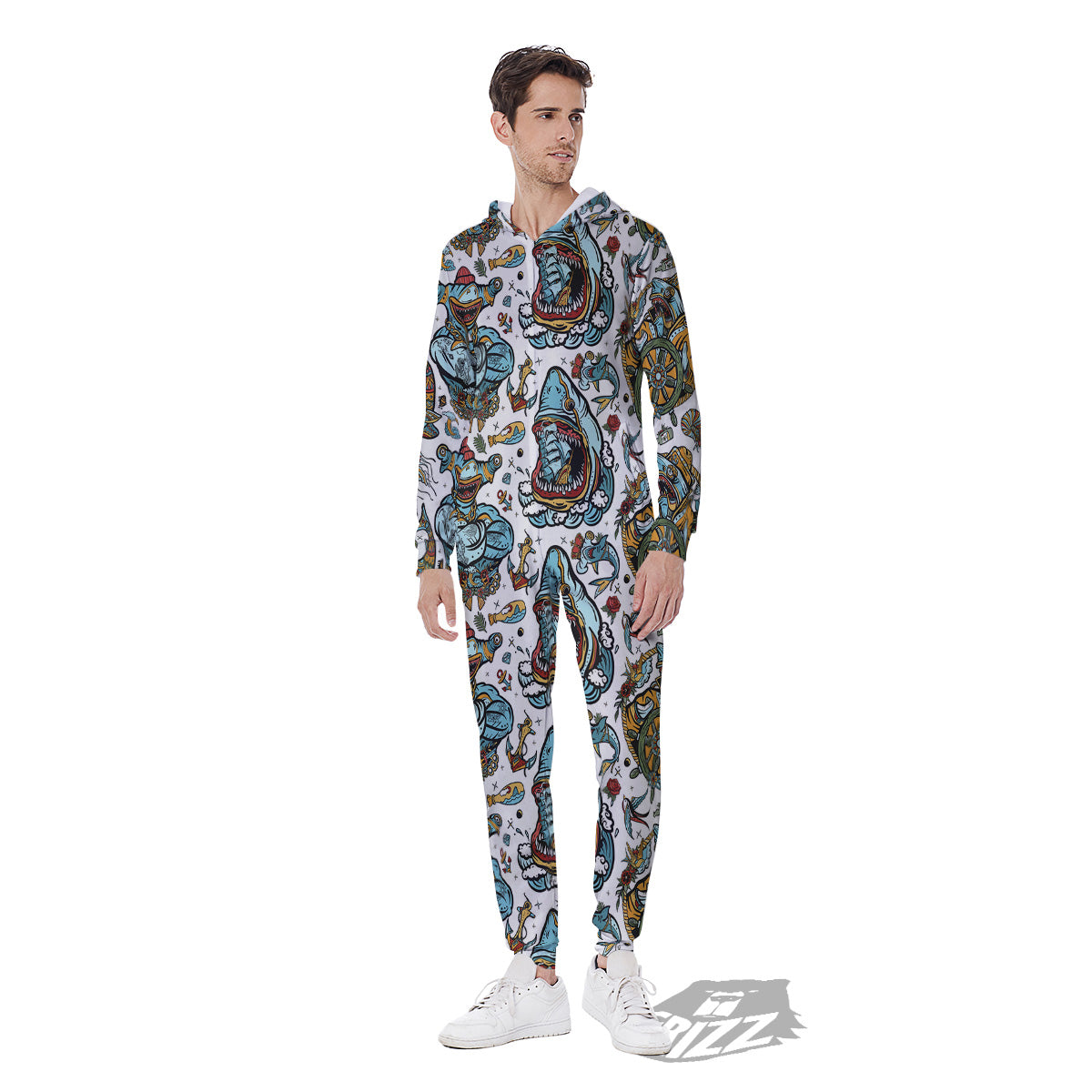 Sharks Underwater Tattoo Print Pattern Men's Jumpsuit-grizzshop