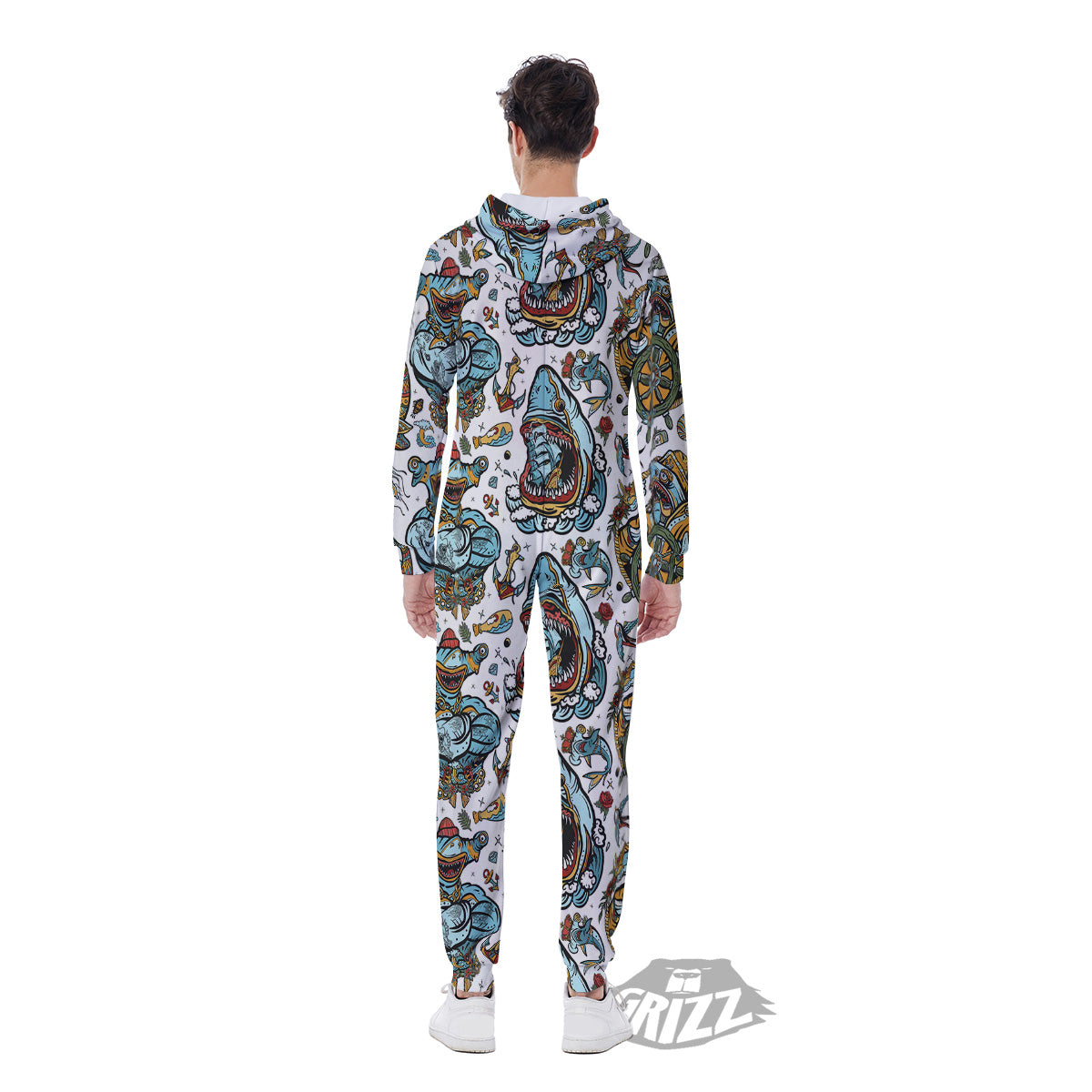 Sharks Underwater Tattoo Print Pattern Men's Jumpsuit-grizzshop