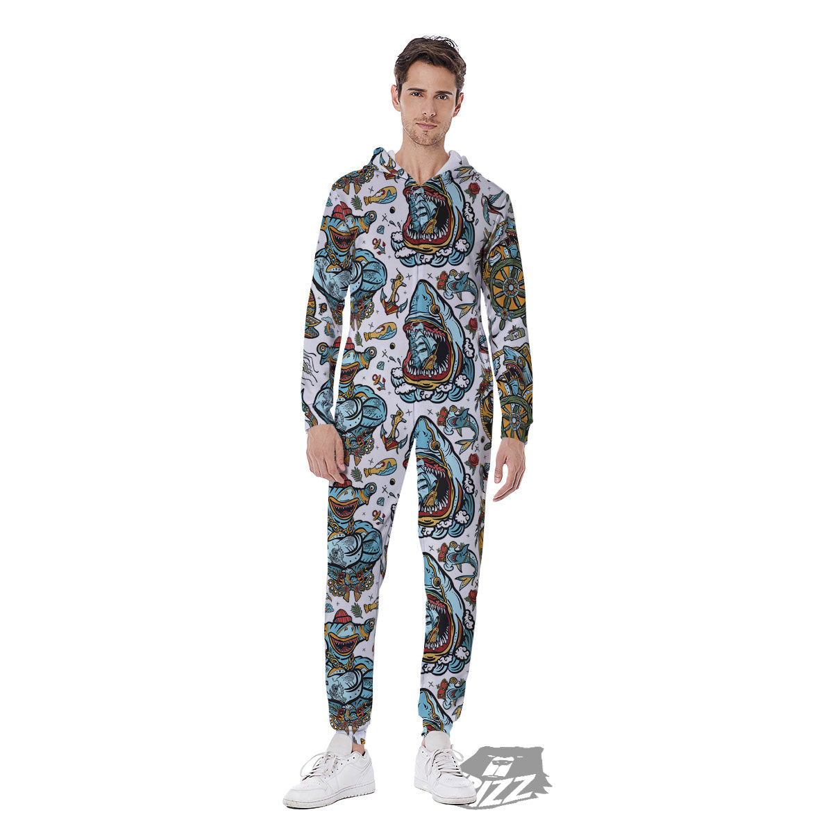 Sharks Underwater Tattoo Print Pattern Men's Jumpsuit-grizzshop