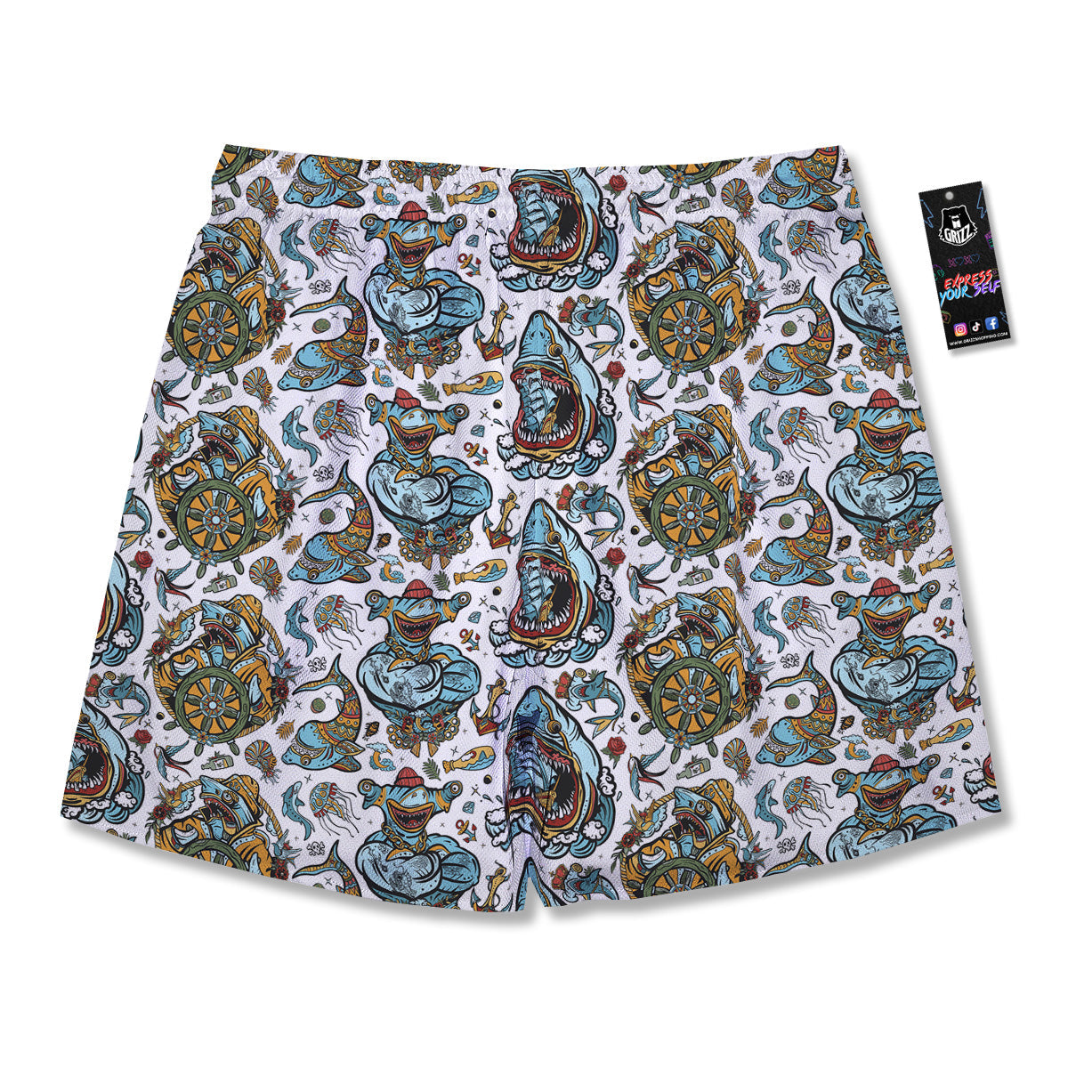 Sharks Underwater Tattoo Print Pattern Men's Running Shorts-grizzshop