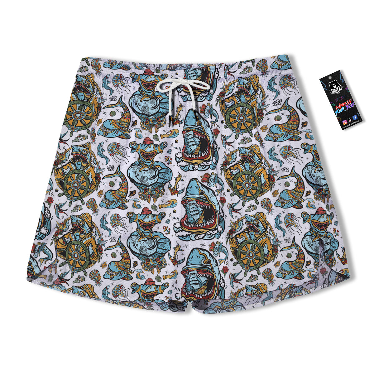 Sharks Underwater Tattoo Print Pattern Men's Running Shorts-grizzshop