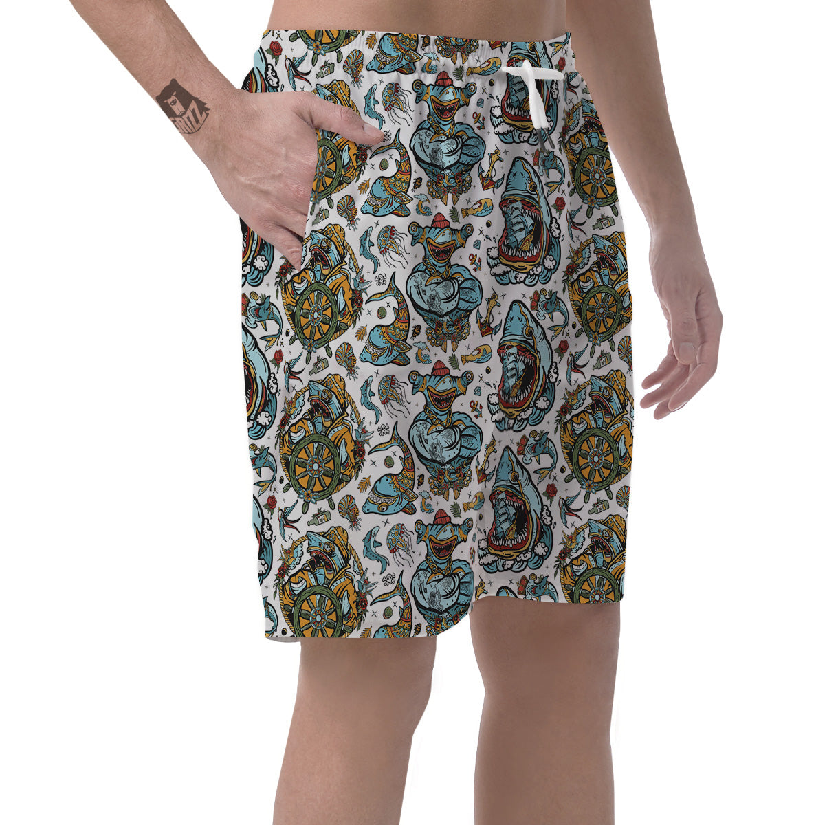 Sharks Underwater Tattoo Print Pattern Men's Shorts-grizzshop
