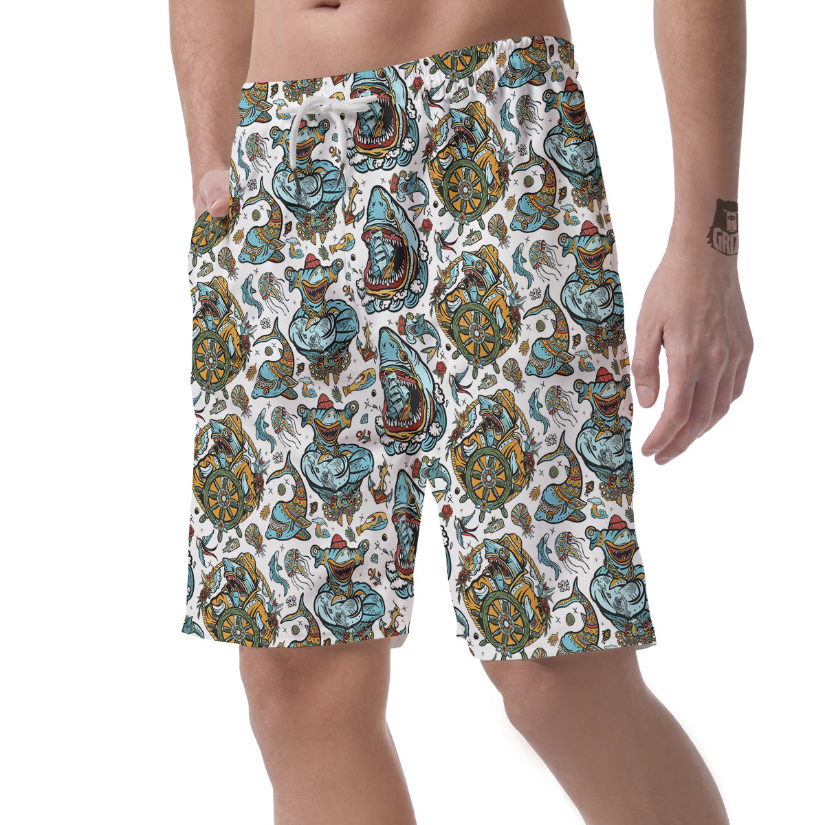 Sharks Underwater Tattoo Print Pattern Men's Shorts-grizzshop
