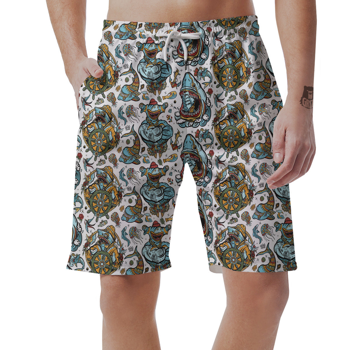 Sharks Underwater Tattoo Print Pattern Men's Shorts-grizzshop