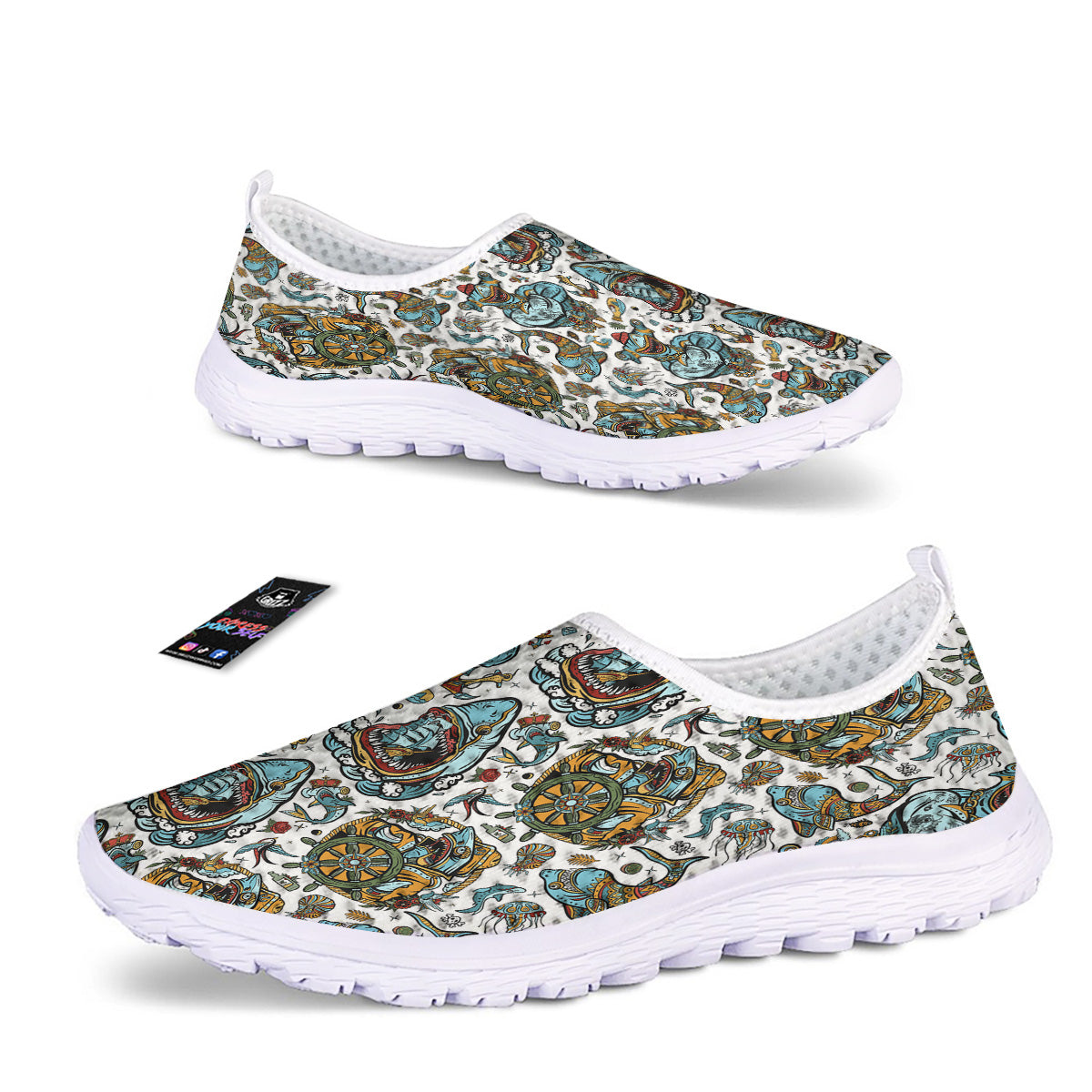 Sharks Underwater Tattoo Print Pattern Nurse Shoes-grizzshop