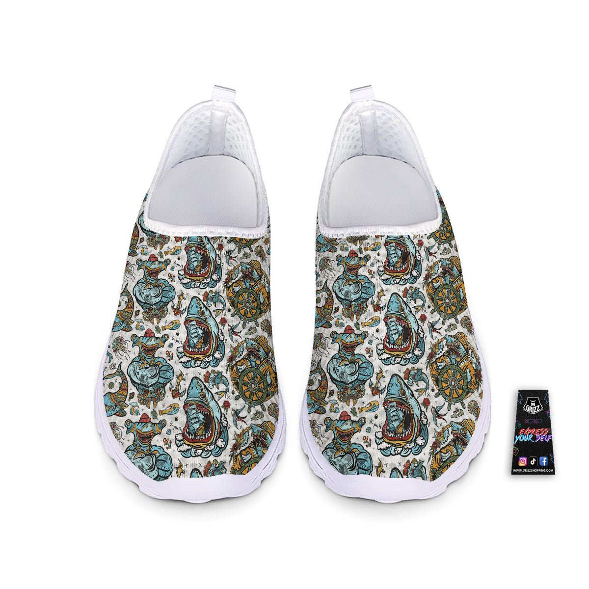 Sharks Underwater Tattoo Print Pattern Nurse Shoes-grizzshop