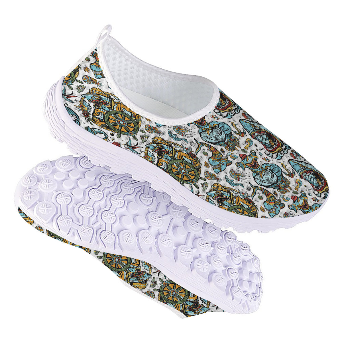 Sharks Underwater Tattoo Print Pattern Nurse Shoes-grizzshop