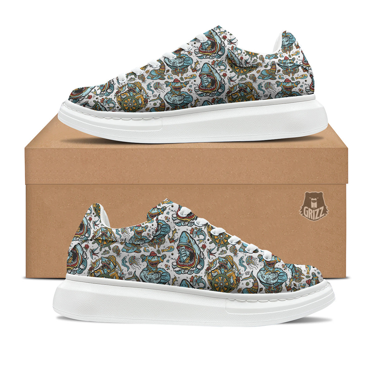 Sharks Underwater Tattoo Print Pattern Platform Shoes-grizzshop