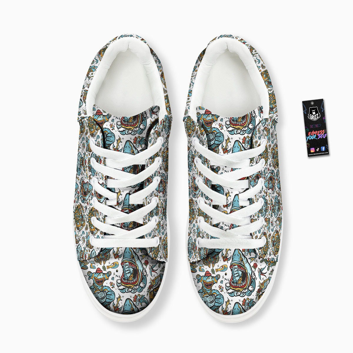 Sharks Underwater Tattoo Print Pattern Platform Shoes-grizzshop